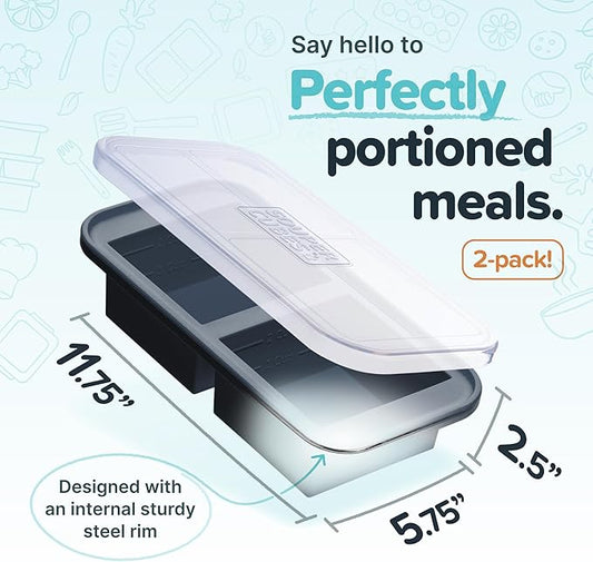 Souper Cubes 2 Cup Silicone Freezer Tray with Lids, Perfect for Storing Lasagna, Leftovers, Sauces, Portioned Meals and More, Silicone Soup Freezer Molds for Meal Prepping - Charcoal - 2-Pack