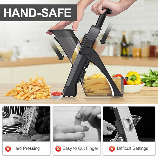 5 in 1 Safe Mandoline Slicer for Kitchen, Safe Vegetable Chopper, Paring Knife, Adjustable Thickness, Easy to Clean, Vegetable Slicer, Slicing, Strips, Shredding, Dicing, Chop (Black Knight)