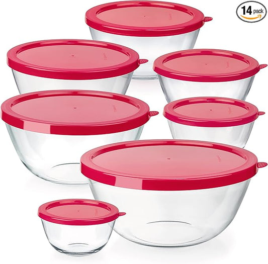 7 Stackable Space-Saving Nesting Glass Bowls with BPA Free Lids for Foodprep, Storage, Baking, Mixing & Cooking, Microwave Safe - Durable Inert Borosilicate Glass