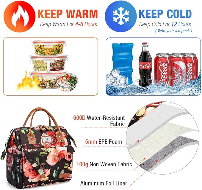 Lekesky Lunch Bag for Women Insulated Lunch Box for Work Tote Lunch Bag Adult Cooler Bag, Floral