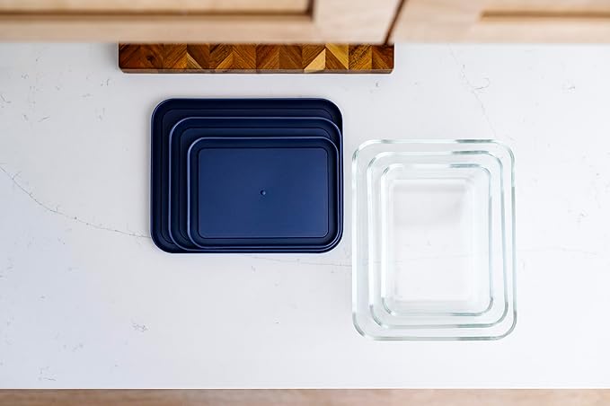 12-Piece Glass Food Storage Containers Set (6 Containers + 6 Lids) |Rectangular, Nesting, Microwave & Dishwasher Safe |BPA-Free, Space-Saving | Blue Lids for Pantry & Kitchen Organization