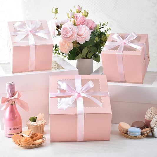 KPOSIYA 40pcs 6x6x5 inch Mini Cake Boxes with Cake Boards (20 Boxes & 20 Boards), Pink Bakery Box with Window for Treat Dessert Pastry Donuts Macaroon Strawberries Chocolate Candy