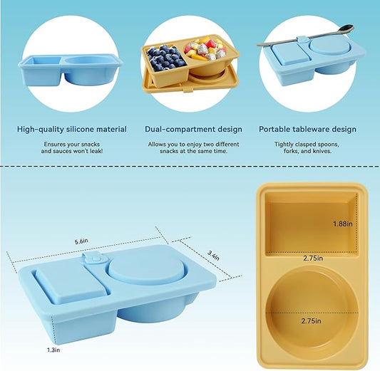 8Pcs Silicone Reusable Snack Containers, 2-Compartment Dipping Containers with Lid,For refrigerated, outdoor takeout, portion controlled snack sauce containers (4 Yellow+4 Blue,8Pcs)