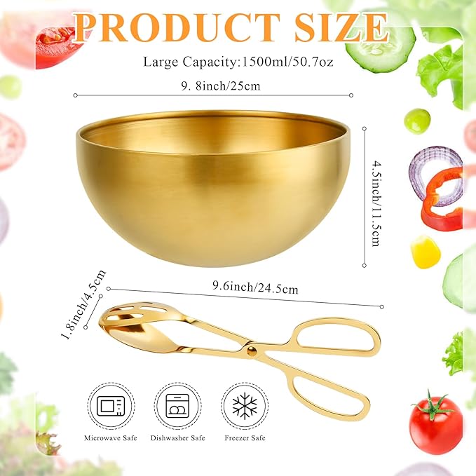 Supkiir Stainless Steel Salad Bowls with Gold Tong, 9.8”×4.5” 51oz Gold Kitchen Mixing Bowl, Large Serving Bowl Nesting Bowls for Mixing Cooking Baking Prepping Salad Soup Fruit