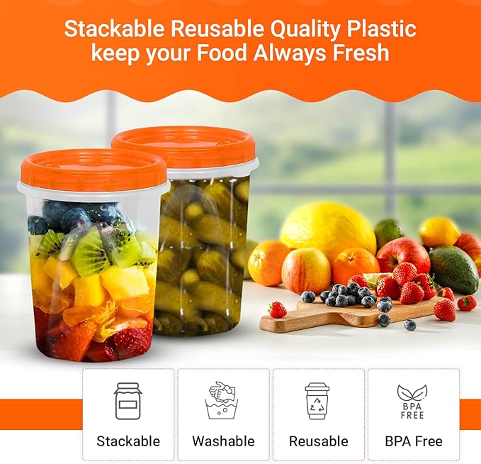 [Orange - 12 Pk]Airtight Deli Containers with Lids Twist Lock Top Clear Food Storage for Meal Prep Snacks and Leftovers Freezer and Microwave Safe Stackable Leak-Resistant and 12 Pc. Set (32 Ounce)