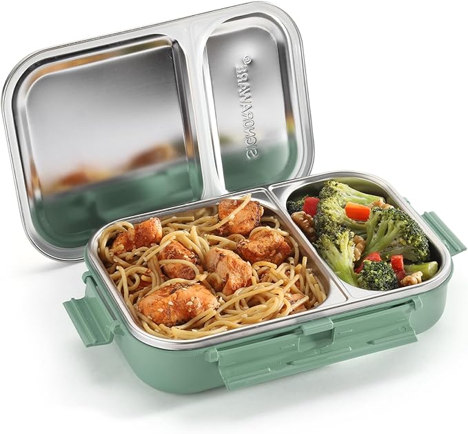 Signoraware Stainless Steel Bento Box Adult Lunch Box For Men, Women, Kids Bento Lunch Box Leak Proof Between 2 Compartments Meal Prep Containers Lunch Containers For Adults And Kids School Green
