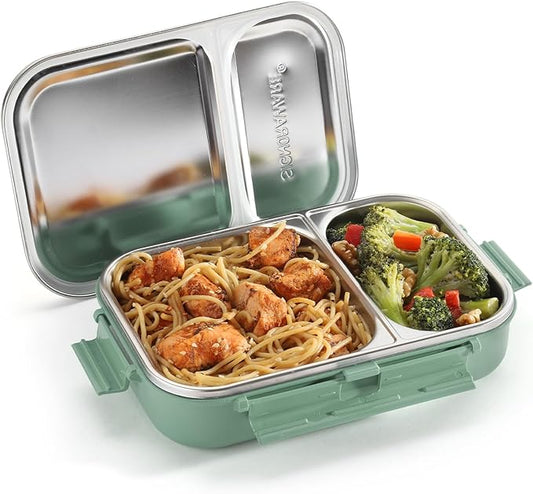 Signoraware Stainless Steel Bento Box Adult Lunch Box For Men, Women, Kids Bento Lunch Box Leak Proof Between 2 Compartments Meal Prep Containers Lunch Containers For Adults And Kids School Green