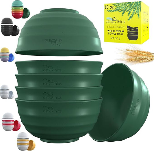 6 Wheat Straw Bowl 60 OZ - Deep Microwave Safe Bowls For Kitchen - Alternate To Large Plastic Salad Bowl Set Of 6 - PHO Bowls For Soup Cereal Salad Rice Pasta Popcorn Snack