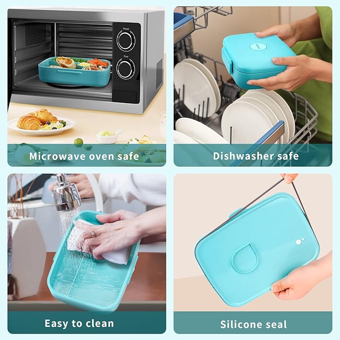 Bento Lunch Box with Kids/Adults, 5 Compartments Leakproof Lunch Container with Dressing Cup, Eco-Friendly Double Insulated Boxes, Dishwasher and Microwave Safe, BPA-Free (blue)