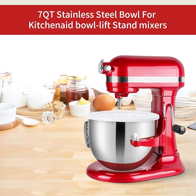 7QT Stainless Steel Mixer Bowl Compatible with Kitchenaid Stand Mixers, 7QT Mixing Bowl for Kitchen Aid Lift with Handle and Lid, Dishwasher Safe