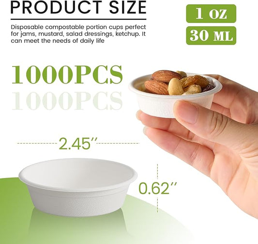 ECOLipak 1 oz Compostable Condiment Cups, 1000 Pack Biodegradable Bagasse Portion Cups for & Samples, Jello Shots, Tastings, Dessert, Juice, Souffle