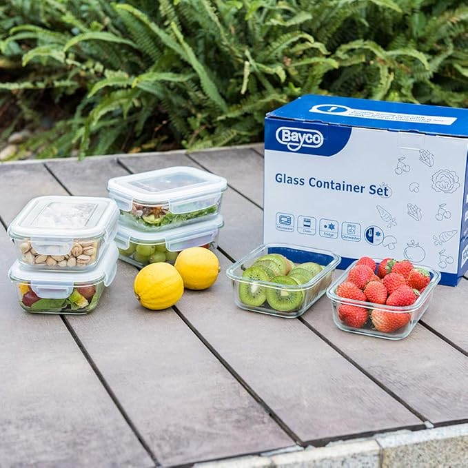 Bayco 6 Pack Glass Meal Prep Containers, Glass Food Storage Containers with Lids, Airtight Glass Lunch Bento Boxes, Leak Proof (6 lids & 6 Containers)