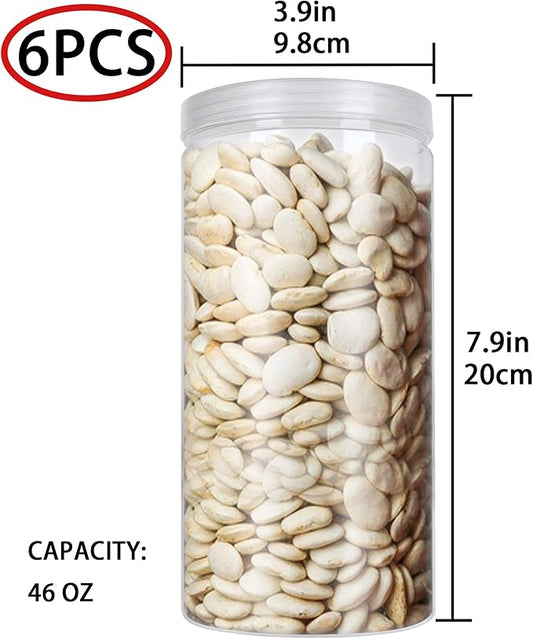 6 Pack 46oz/1360ml Large Plastic Jars with Lid, Wide Mouth Empty Clear PET Storage Containers with Lid, Tall Plastic Candy Cylinder Storage Jars for Dry Food, Peanut, Powder, Kitchen, Snacks