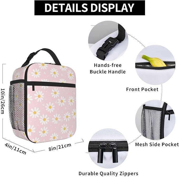 Pink Daisy Flower Insulated Lunch Bag Kids,Kids Lunch Box for Girls Boys,Bento Lunch Box Cooler Bag with Front Pocket for Women Men,Cute Lunch Tote Bag Lunchbox for Work/Office/School/Picnic