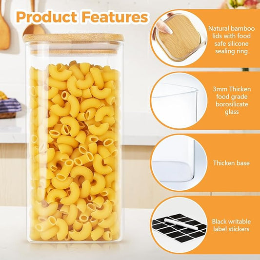 Glass Jars with Airtight Lid,Glass Storage Jars with Bamboo Lid, 54oz Set of 4 Glass Canisters with Airtight Lids, Square Glass Kitchen Storage Containers Jars,Pasta Containers