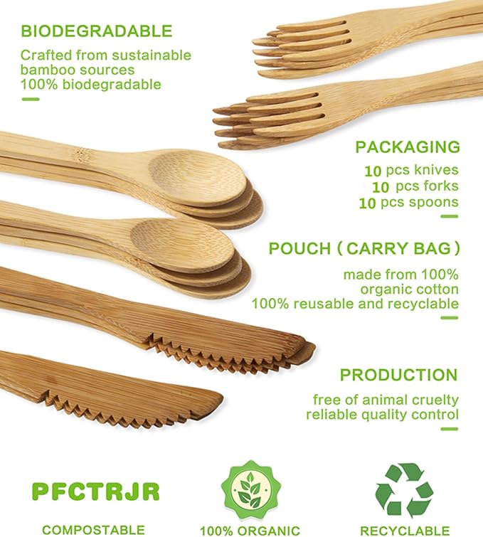 Bamboo Cutlery Set -30 PCS Reusable Bamboo Utensil Fork Knife Spoon-Bamboo Flatware Sets for Camping, Travel, Picnic, Office, School,Bamboo Silverware Set with Pouch Bag