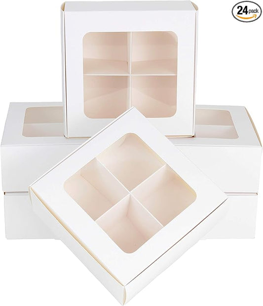 Treat boxes with window and dividers | 4 MEDIUM compartments | 6 x 6 x 2.4 in | Valentine treat boxes, baked goods packaging, box for cookies, pastry packaging | 24-pack (White)