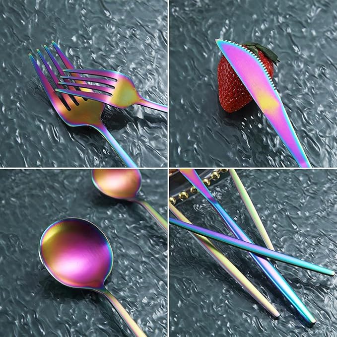 Matte Rainbow Flatware Set 20 Pieces, Stainless Steel Colorful Silverware Set, Titanium Plating Matte Rainbow Cutlery Set, Matte Rainbow Utensil Sets, Service Set for 4 (Matte Rainbow)