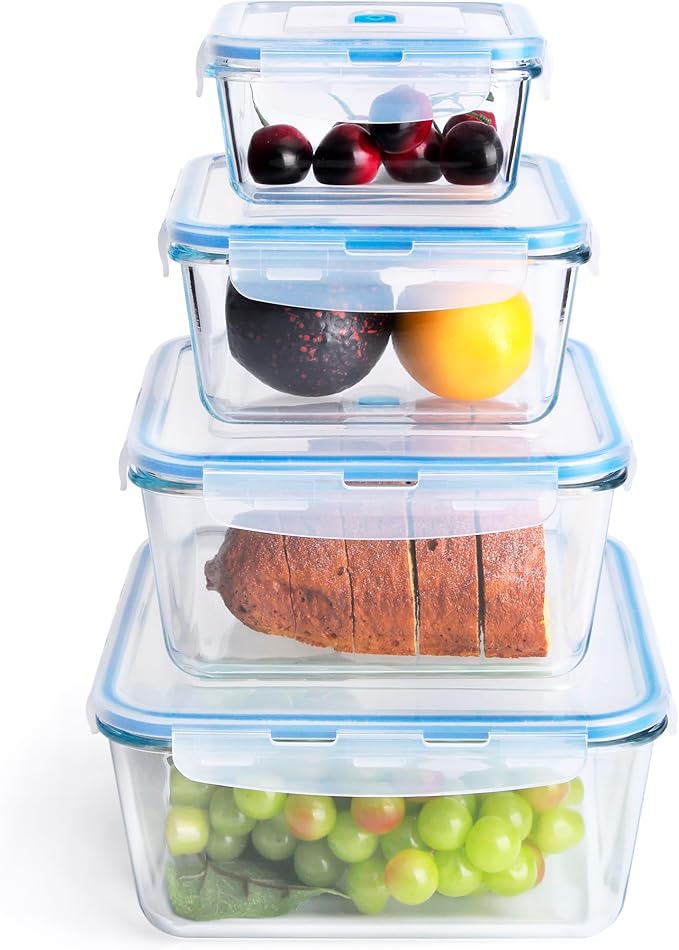 Extra Large Glass Storage Containers with Lids, Set-8-Piece Lunch Containers, Ideal for Storing Food, Vegetables, Fruits, Baking Cake & lot of other Tasty Food (Square)