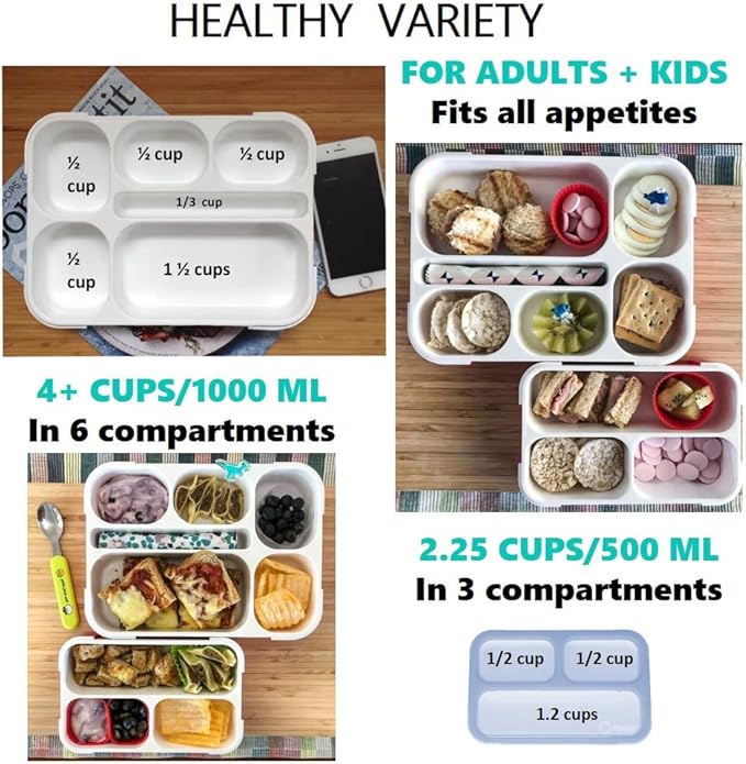 Bento Lunch-Box and Snack Container Set for Kids, 6 and 3 Compartment Boxes Leakproof School Bentos Meal Portion Control Containers BPA Free, Boys Girls Adults, Purple Lilac Large + MINI 2 pack