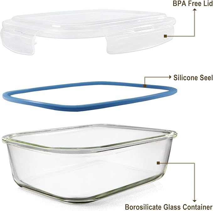 Glass Food Storage Containers Set, Large Size Containers with Lids, BPA-free Locking lids, 100% Leak Proof Glass Meal Prep Containers, Freezer to Oven Safe (2 Pack of 80oz)