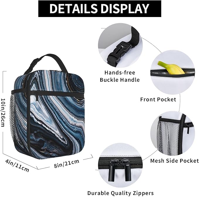 YETTA YANG Navy Black And White Marble Portable Lunch Bag Insulated Lunch Box Reusable Totes For Women Men Work Picnic Camping