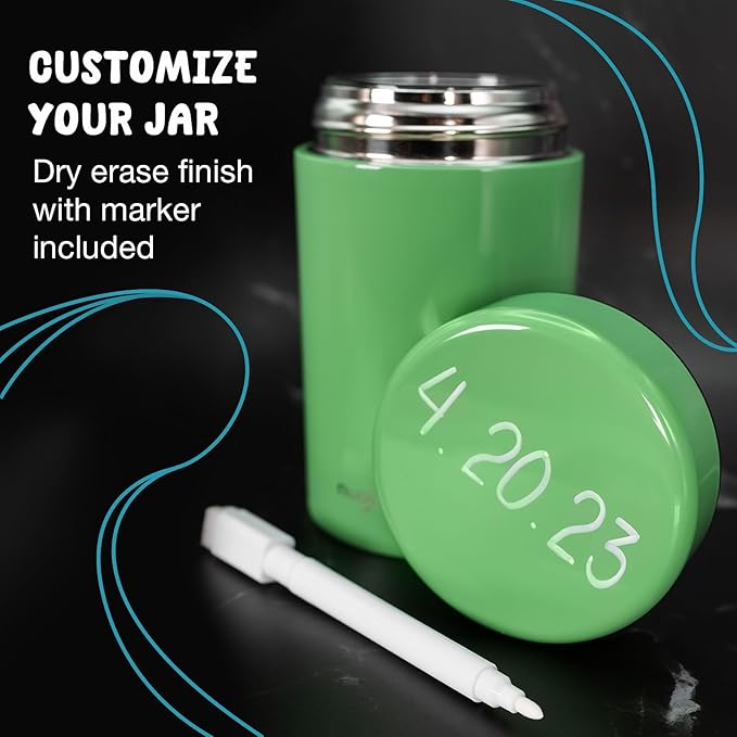 Airtight Storage Container - Vacuum Sealed Insulated w Nested Glass Jar - UV Protection, Temperature Controlled Stainless - Stays Fresh - Whiteboard Finish w Marker Included - 300 ml (3/4 Oz)
