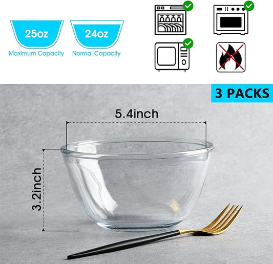 NUTRIUPS 3 Pack Glass Bowl Set - 24oz Cereal & Salad Bowls (5.4 inch)