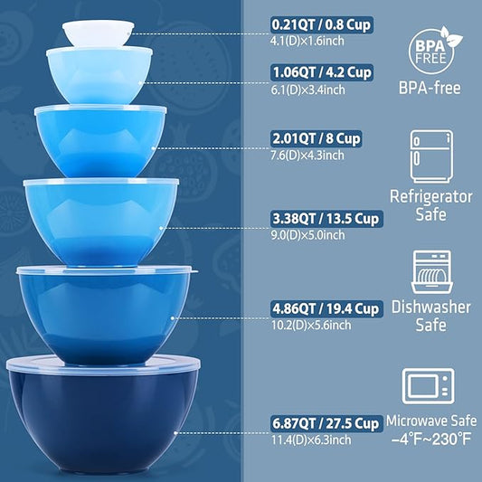 LUXEAR Mixing Bowls with Lids Set, 14 Pieces Plastic Nesting Bowls Includes 6 Prep Bowls, 6 Lids, 2 Cooking Spoons(Can Convert into Tongs), Microwave Dishwasher Safe for Mixing Serving Baking Storing