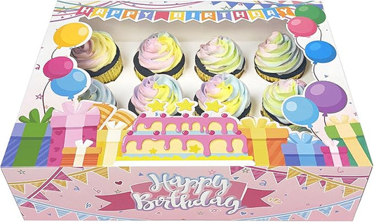 qiqee Birthday 16 Packs 12 Cupcake Boxes with Window, 13"x10"x3.5" Bakery Boxes for Cupcakes, 12 Cupcake Carriers