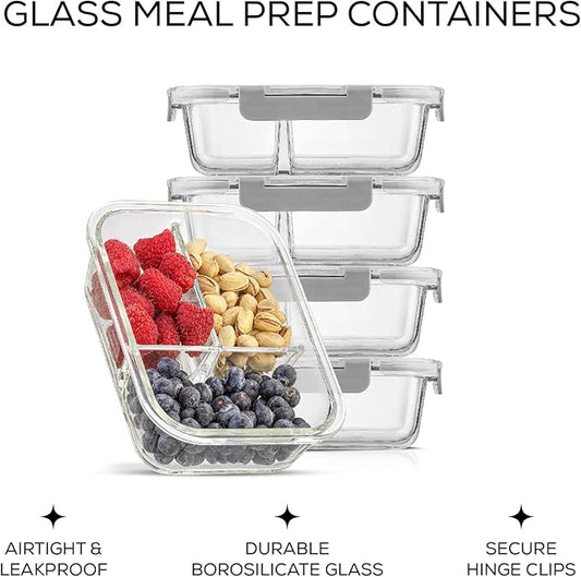 JoyJolt Divided Food Storage Containers with Lids Airtight. 5 Pack Glass Meal Prep Containers 3 Compartment Set Glass Bento Box. Reusable Food Containers, Portion Control Containers for Weight Loss