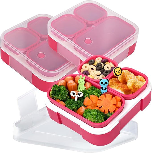 Genteen Small Kids Snack Containers for School 3 Compartment Travel Snack Containers with Dividers Portion Control Lunch box for Kids with Leak-proof Lids BPA Free (Pink)