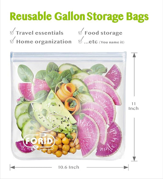 Reusable Gallon Freezer Bags - 6 Pack EXTRA THICK Gallon Reusable Bags Leakproof Food Storage Bags for Marinate Food & Fruit Cereal Sandwich Snack Meal Prep Travel Items Home Organization Storage
