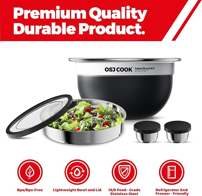 18/8 Stainless Steel Salad Bowl Kit - 51oz, Mixing Bowls with Lids Set, Black - Comes with 1.7oz Condiment Container and Removable Tray for Organization - Leak-Proof, Easy to Clean, Dishwasher Safe