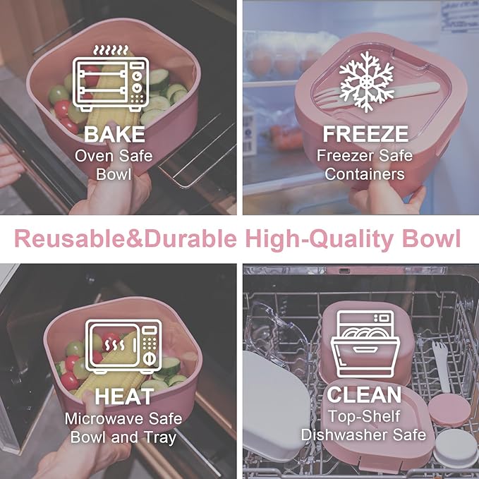 All-in-One Bento Box Container - Large 61-oz Adult Lunch Box with Bag, 4-Compartment Bento-Style Tray, 3-oz Sauce Container, and Reusable Fork - Dishwasher, Microwave (red)