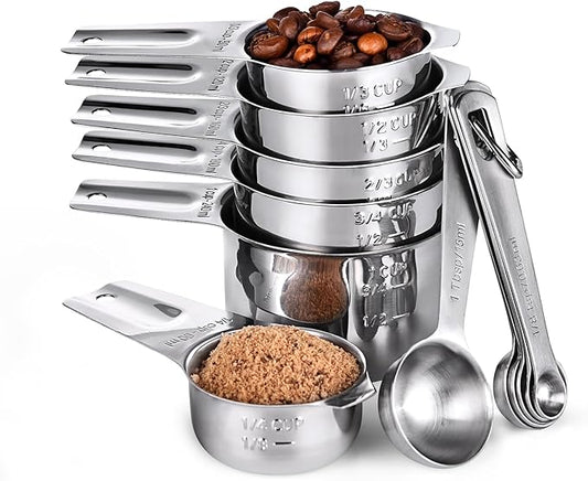 Measuring Cups and Spoons 12 Pieces: U-Taste 18/8 Stainless Steel Kitchen Metal Measure Gadgets, Heavy Duty Stackable Portion Teaspoon Tablespoon Scoop for Baking Cooking Dry & Liquid Food Ingredient