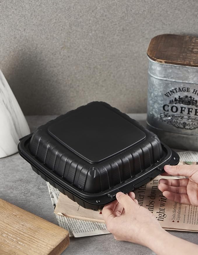 FULING [8x8-Inch, 50 Pieces, 3-Compartment Disposable To Go Box Containers, Plastic Clamshell Takeout Food Trays, Microwave Safe, Cut Resistantstable Hinged Lid, Hybrid Polypropylene, Black