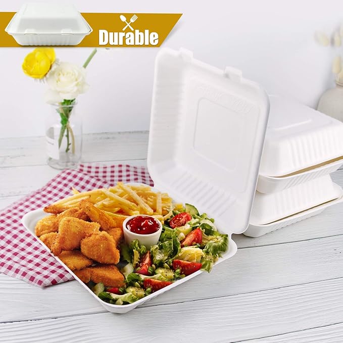 Green Earth 9-Inch, 100-Count, 1-Compartment, Compostable Clamshell, Natural Bagasse, Take-Out/to-Go Food Boxes - Biodegradable Containers