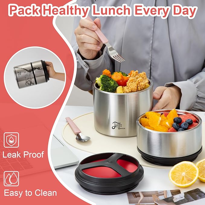 Lille Home 1500ml Thermos Food Flask, Vacuum Insulated Stackable Stainless Steel Thermal Lunch/Snack Box, 2-Tier Bento/Food Container with Lunch Bag (Red)