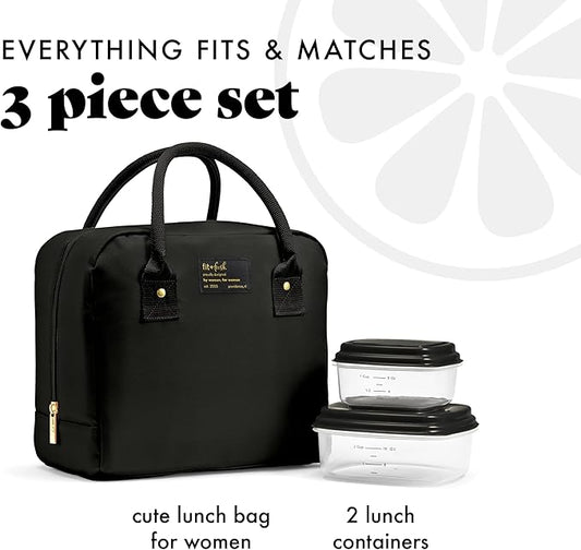 Fit & Fresh Lunch Bag For Women, Insulated Womens Lunch Bag For Work, Leakproof & Stain-Resistant Large Lunch Box For Women With Containers, Zipper Closure Bloomington Bag, Black