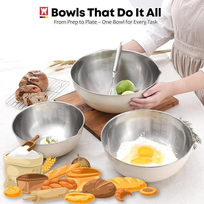 3-Piece Stainless Steel Mixing Bowl Set, Classic Beige Color, Nesting Bowls with Pure Spout, Multipurpose Kitchen Basket /1.56Quarts/3.17Quarts/4.23Quarts (Classic Beige)