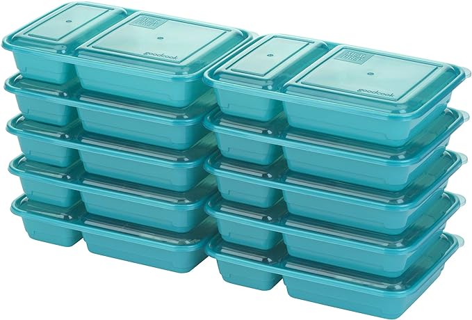 GoodCook Meal Prep Rectangle Two Compartment 20-Piece, Teal, Made without BPA