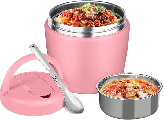 Thermo for Hot Food 32oz, Vacuum Insulated Food Jar for Adults, Stainless Steel Soup Thermo Wide Mouth Leakproof Lunch Containers with Spoon for School Office, Pink
