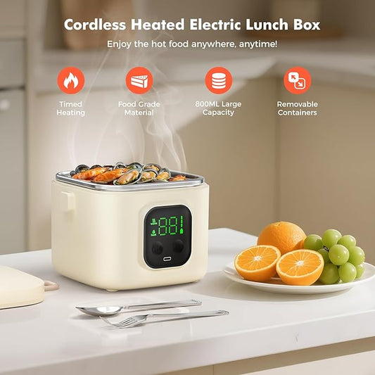 Electric Lunch Box for Kids & Adults - 14000mAh Battery-Powered, Self-Heating Food Warmer with Type-C Rechargeable, 27oz/800ml Portable Heated Lunch Box for Office, School, Camping, Diet Meals