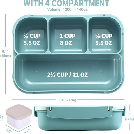 Bento Box Adult Lunch Box, Lunch Containers for Kids Girls Boys with 4 Compartments, Lunchable Food Container with Utensils, Sauce Jar, Muffin Liners, 40 Oz/5 Cup, Light Teal