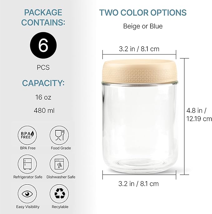 C&O ESSENTIALS 16 oz Glass Mason Jars with Airtight Lids - Wide Mouth Canning Jars for Food Storage, Meal Prep, Overnight Oats, Preserving, Pickling (6-Pack) (Beige)