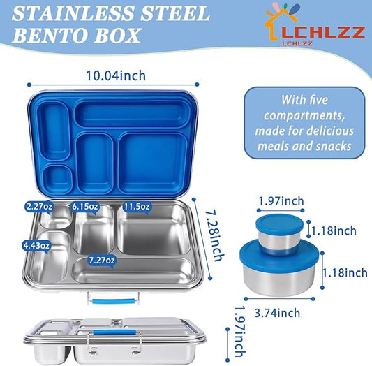 Stainless Steel Bento Box, 5 Compartments Bento Lunch Box with 2 Containers, Leakproof Lunch Box Containers BPA Free, 304 Stainless Steel Bento Box for Office, Travel, Dishwasher Safe