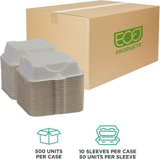 Eco-Products Compostable Vanguard 6" Clamshell Sandwich Containers, Case of 500, To Go Food Burger Box, White Renewable Molded Fiber, Grease Resistant, No-Added PFAS, ASTM Compliant, BPI-Certified