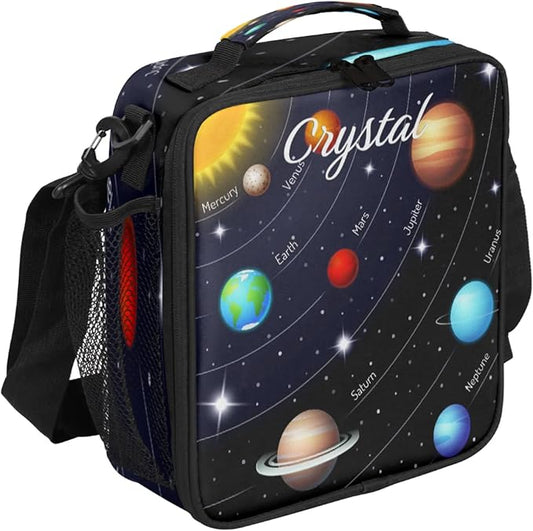 Personalized Lunch Box with Name, Galaxy Planets Custom Lunch Box Customized Insulated Lunch Bag Tote, Cooler Freezable Meal Prep Bag with Shoulder Strap Waterproof Lunch Container for Office Picnic
