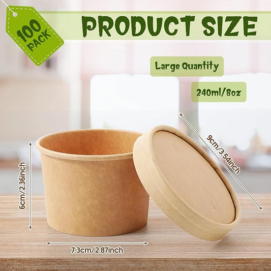 Fulmoon 100 Pack Paper Soup Containers with Lids Disposable Paper Food Containers with Vented Lids Kraft Ice Cream Bowls Soup Cup Ice Cream Cups for Restaurants(8 oz,Brown)